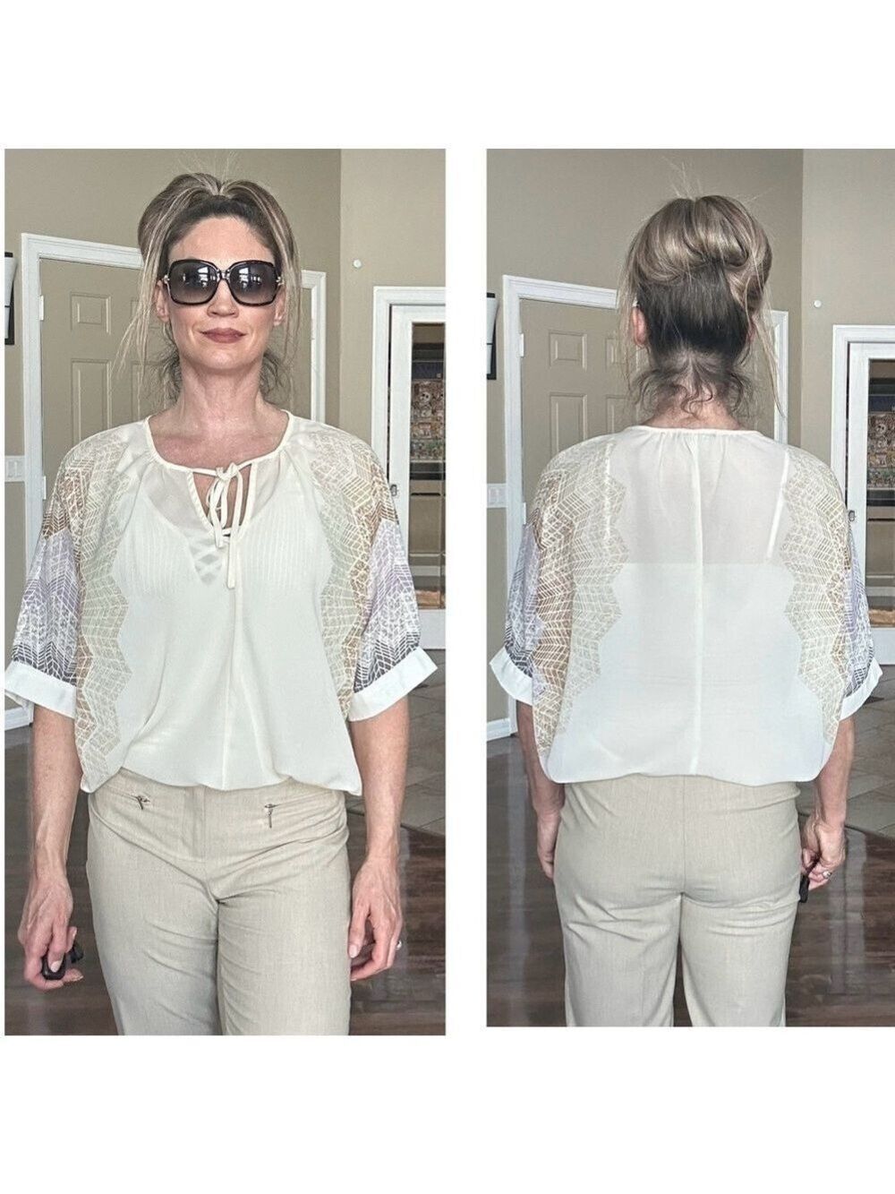 Madison Paige cream web sleeve bat wing front tie blouse semi sheer Sz L